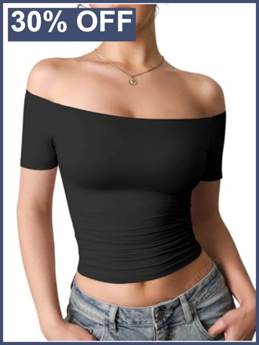 Women's Double Lined Off Shoulder Crop Top Y2K Solid Slim Fit Short Sleeve